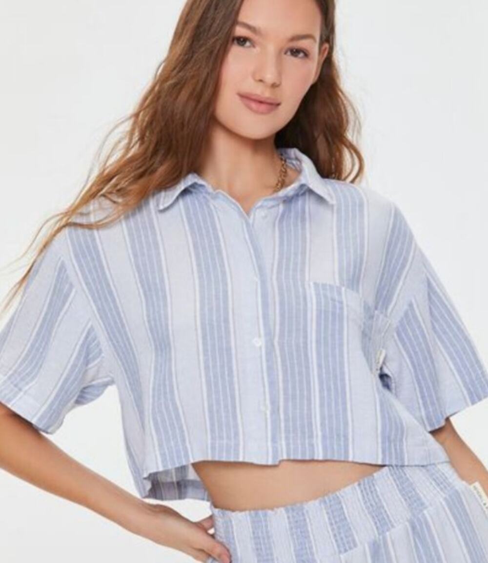 Kendall & Kylie Linen Blend Cropped Button Down Shirt Women's XL Nautical Beach